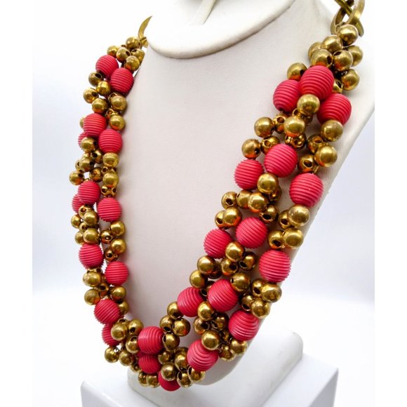 Vintage Dramatic Statement Necklace, Triple Strand Orange and Gold Bib w Brass - Picture 3 of 5